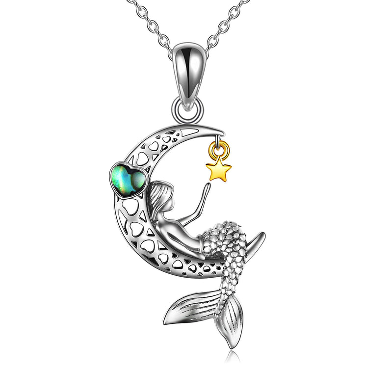 925 Sterling Silver Classic Sea Mermaid Crescent Moon Necklace