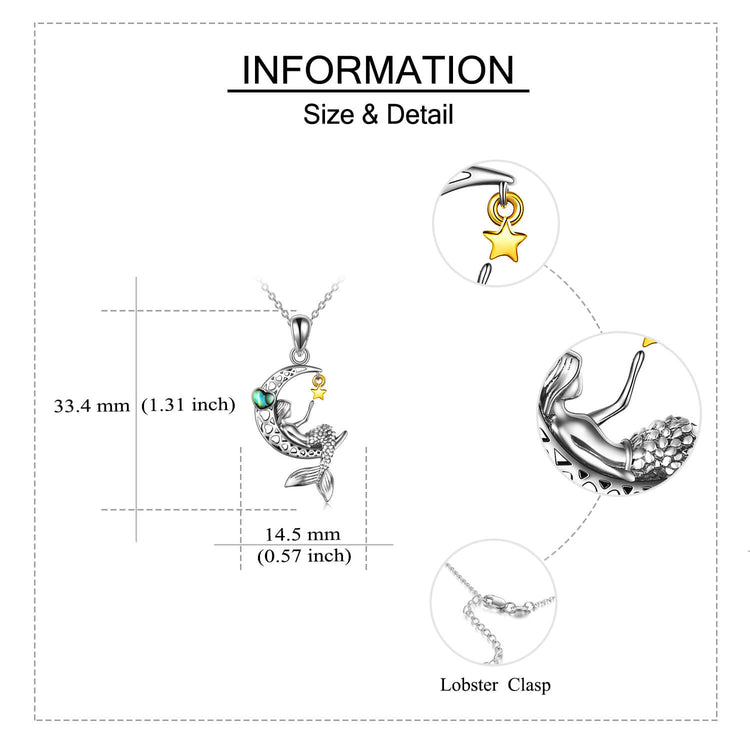 925 Sterling Silver Classic Sea Mermaid Crescent Moon Necklace