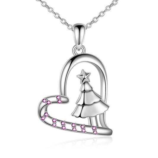 925 Sterling Silver Christmas Tree Heart Pendant Necklace
