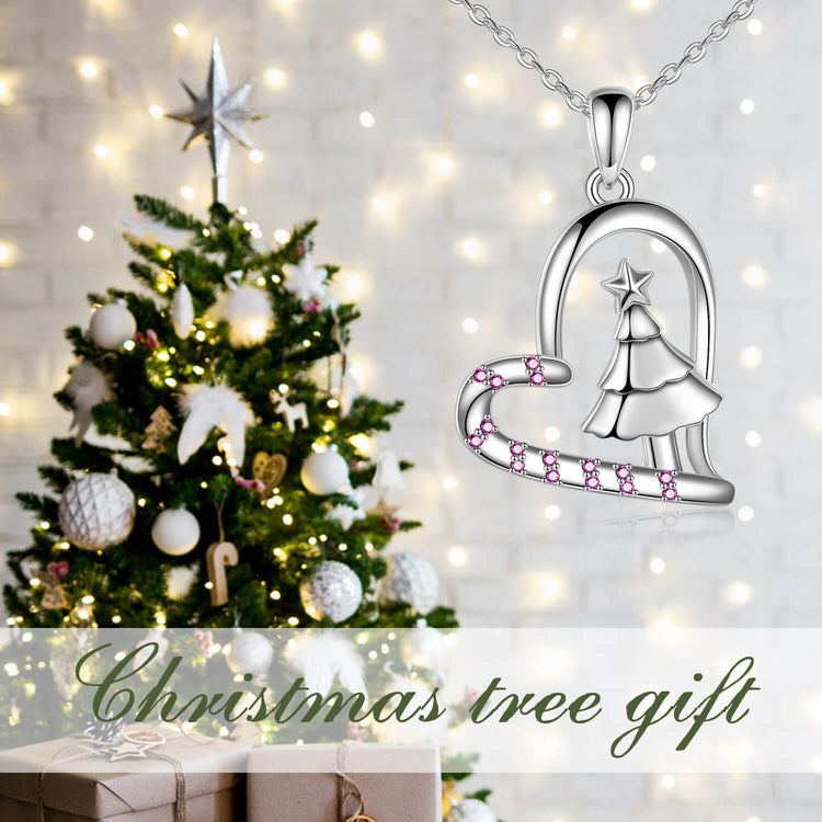 925 Sterling Silver Christmas Tree Heart Pendant Necklace
