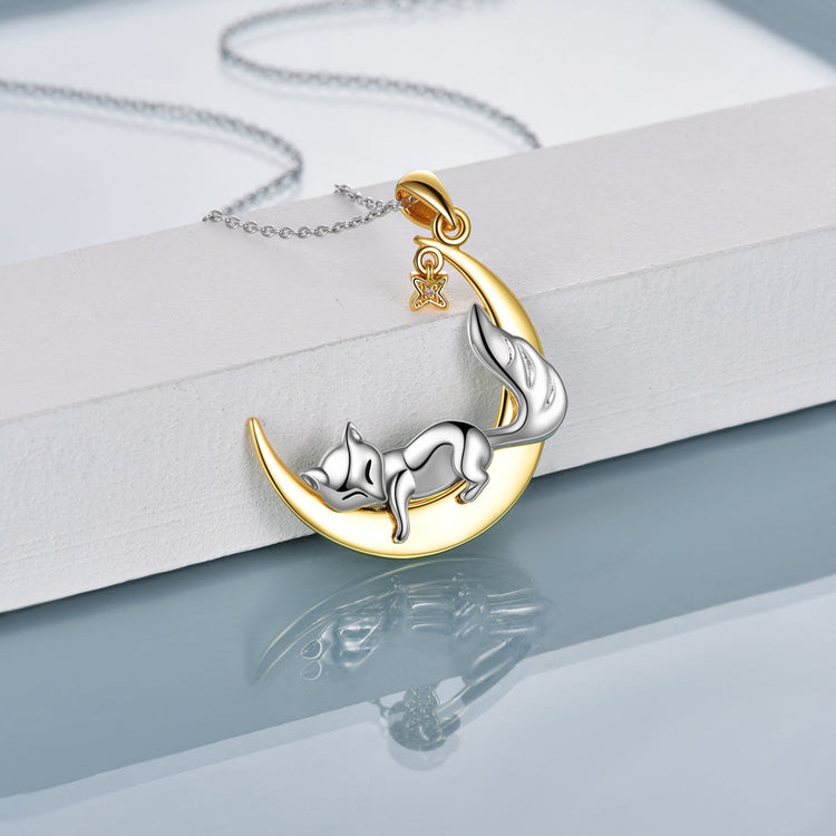 Cat Jewelry for Women 'Laid Back Kitten' Woman Fox on Moon Necklace Pendant Necklaces for Women, Gifts for Mom