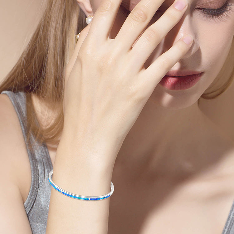 925 Sterling Silver Adjustable Cuff Blue Opal Bangle Bracelet Inspirational Bracelet Hidden Message She Believed She Could So She Did Engraved - onlyone