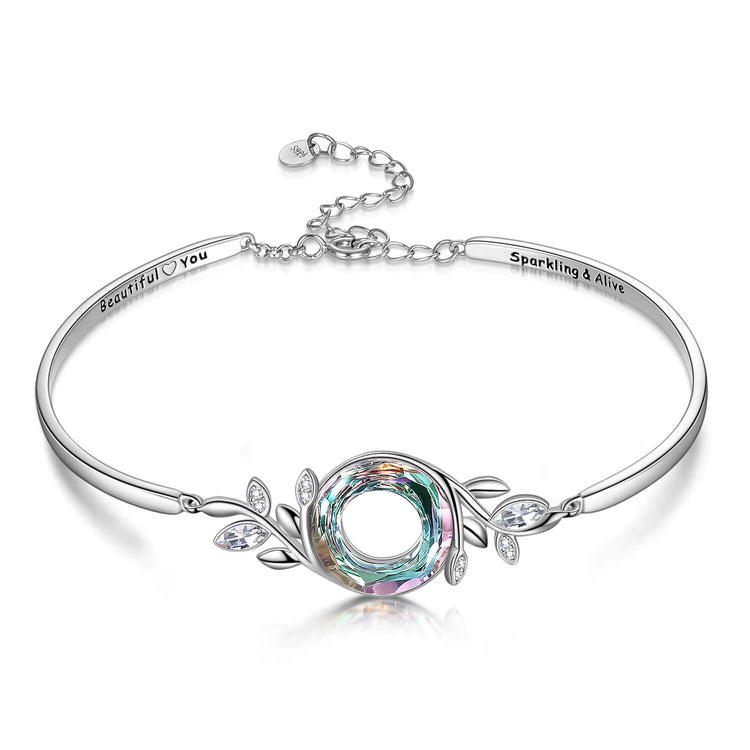 925 Sterling Silver Adjustable Leaves Bracelet With Crystal