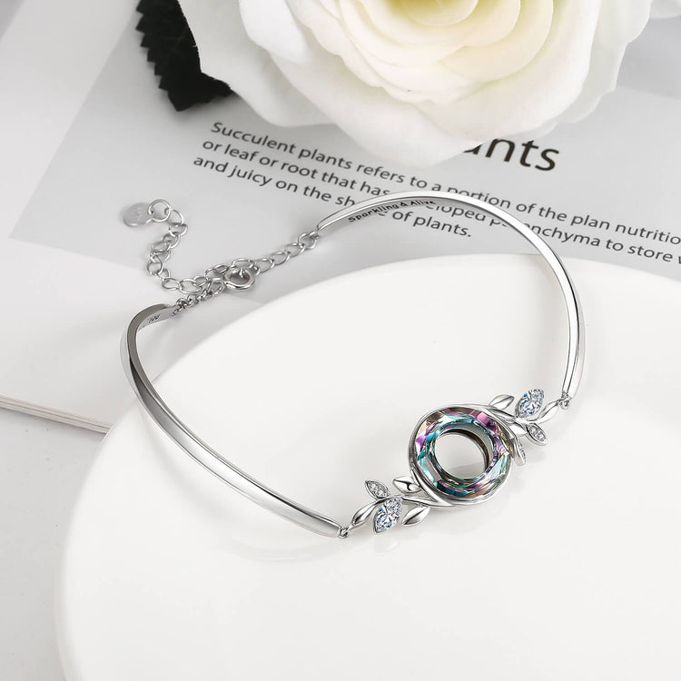 925 Sterling Silver Adjustable Leaves Bracelet With Crystal