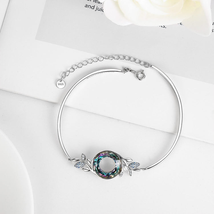 925 Sterling Silver Adjustable Leaves Bracelet With Crystal