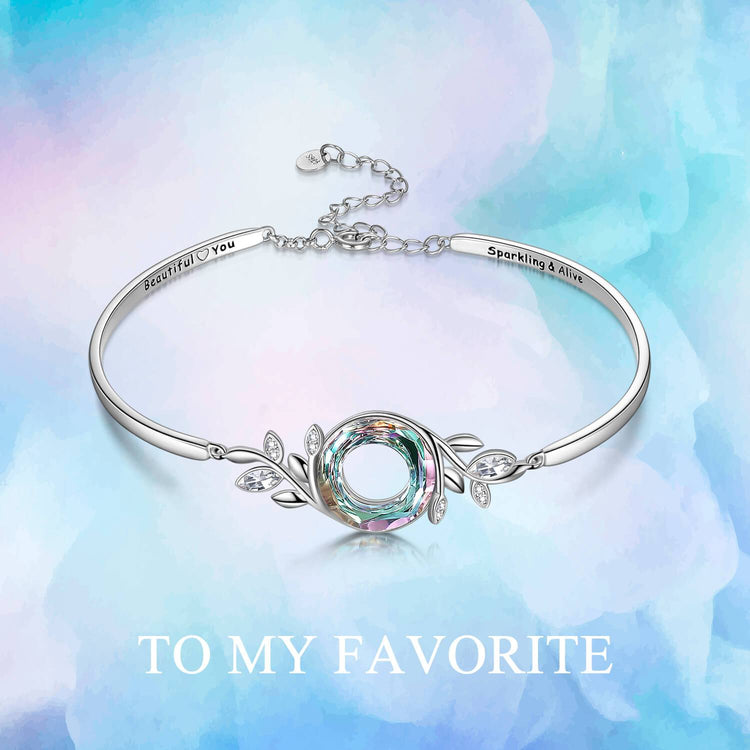 925 Sterling Silver Adjustable Leaves Bracelet With Crystal