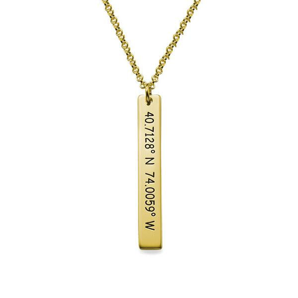 925 Sterling Silver Engraved Vertical Coordinate Bar Name Necklace Nameplate Necklace, Custom Latitude and Longitude Necklace - onlyone