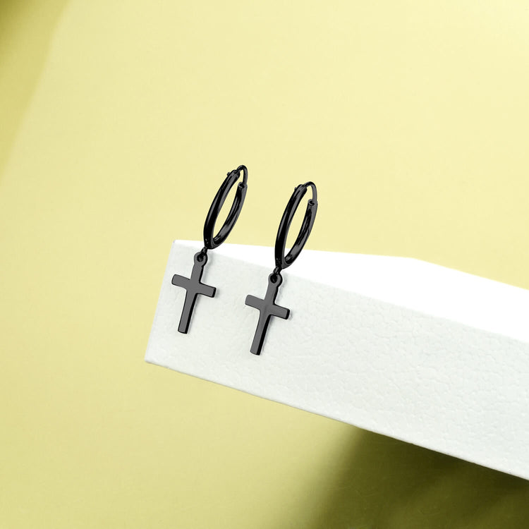 925 Sterling Silver Black Cross Hoop Earrings - onlyone