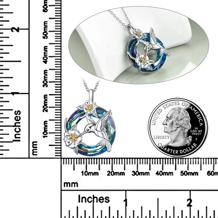 925 Sterling Silver Hummingbird And Flower Necklace With Crystal