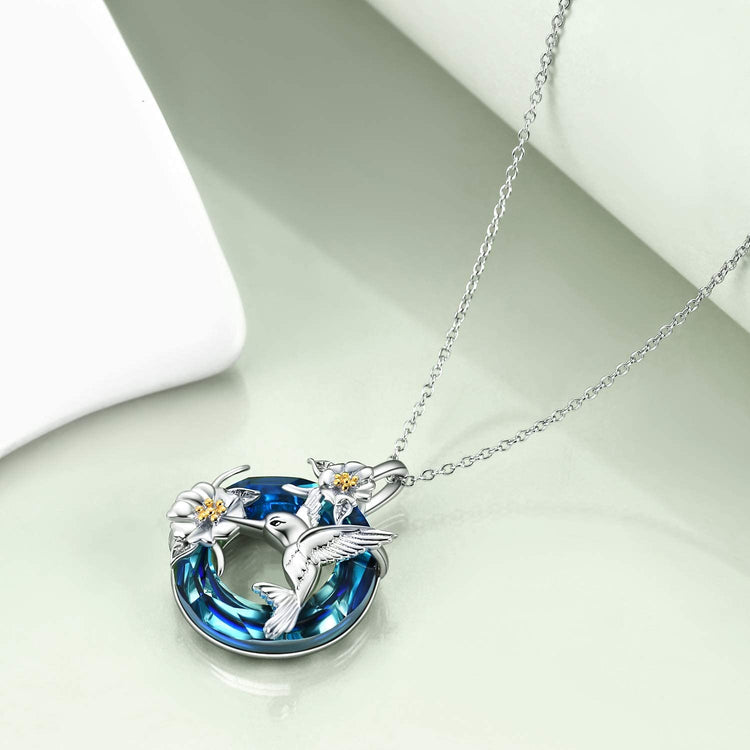 925 Sterling Silver Hummingbird And Flower Necklace With Crystal