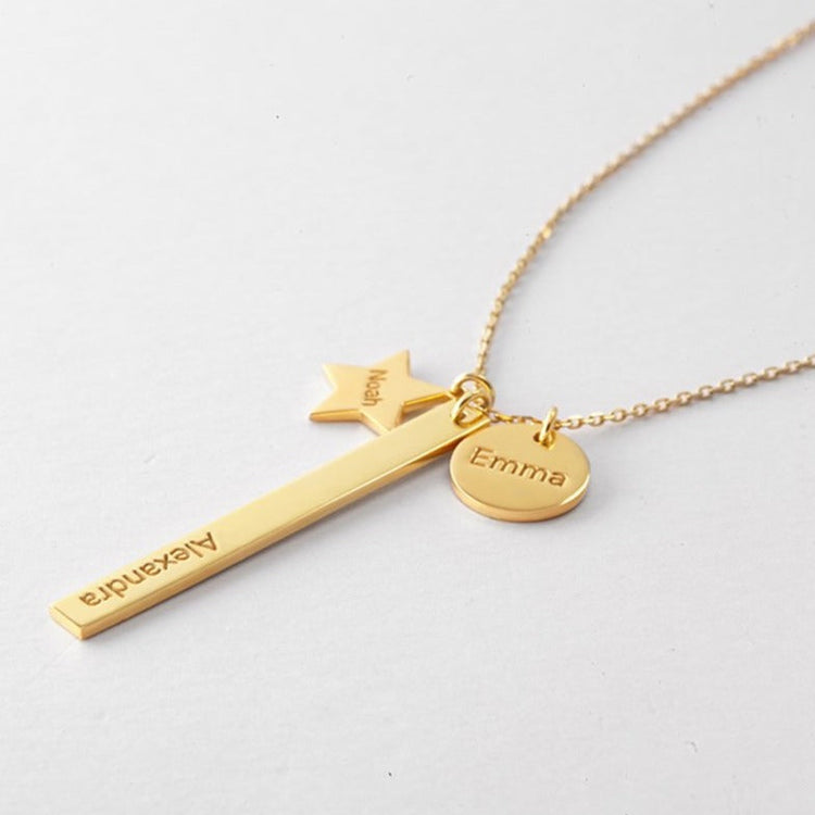 925 Sterling Silver Engraved Vertical Bar Custom Name Necklace With Star Letter Coin Nameplate Necklace - onlyone
