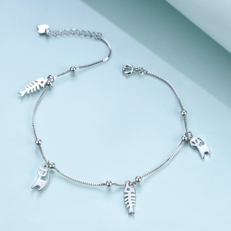 925 Sterling Silver Cats And Fishes Anklet - onlyone