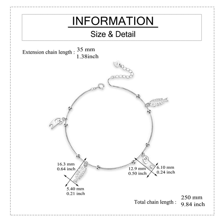 925 Sterling Silver Cats And Fishes Anklet - onlyone