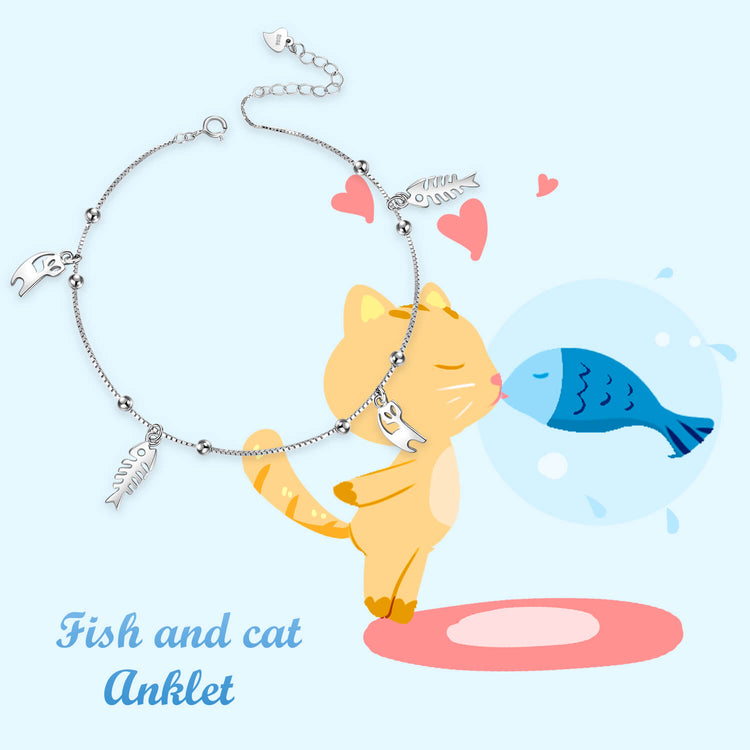 925 Sterling Silver Cats And Fishes Anklet - onlyone