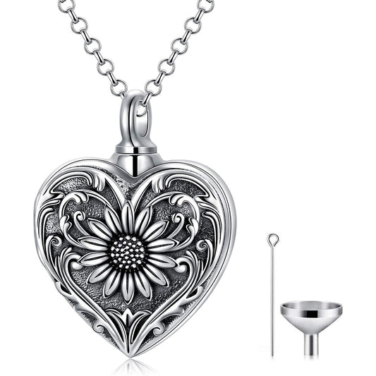 925 Sterling Silver Cameo Sunflower Heart Urn Necklace for Ashes