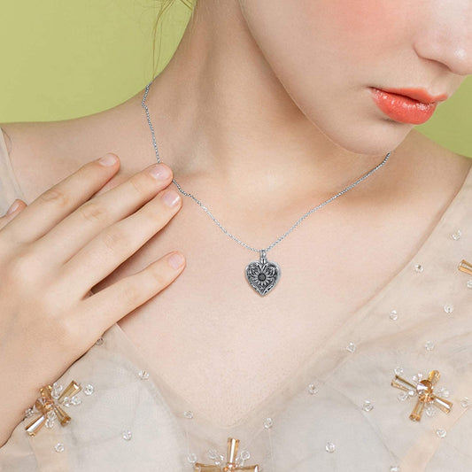 925 Sterling Silver Cameo Sunflower Heart Urn Necklace for Ashes