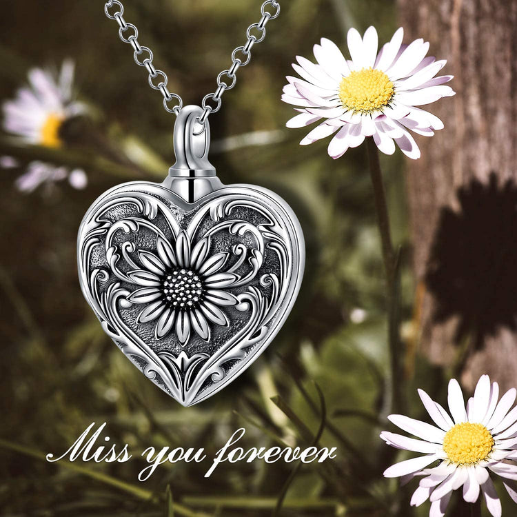 925 Sterling Silver Cameo Sunflower Heart Urn Necklace for Ashes