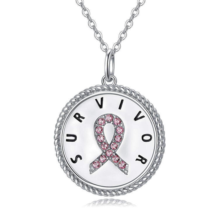 925 Sterling Silver Pink Ribbon Inspirational Breast Cancer Survivor Necklace