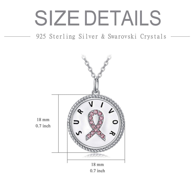 925 Sterling Silver Pink Ribbon Inspirational Breast Cancer Survivor Necklace