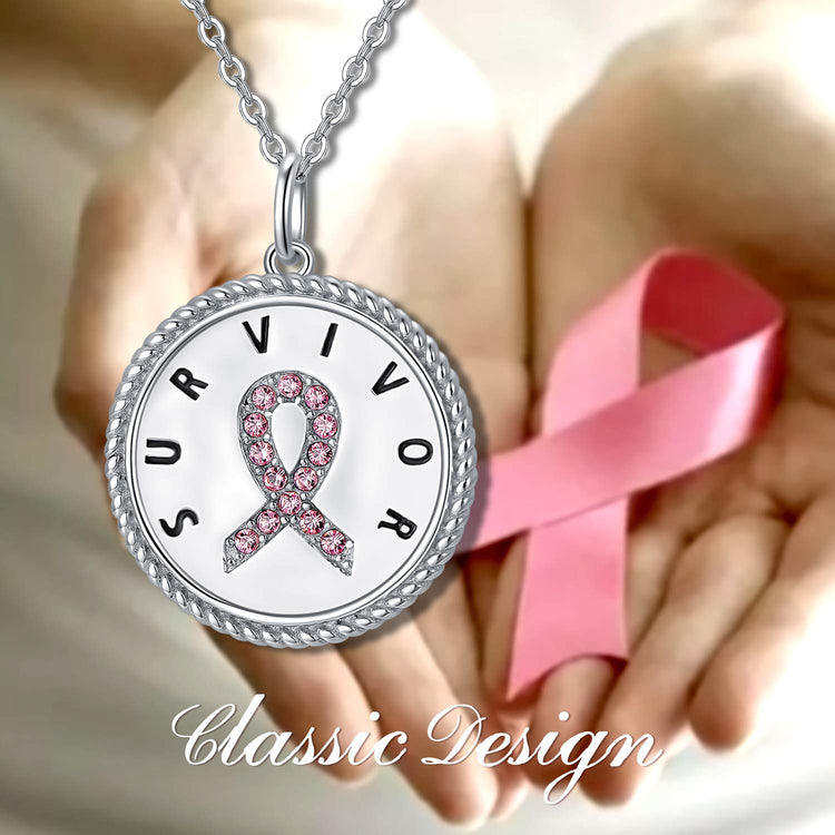 925 Sterling Silver Pink Ribbon Inspirational Breast Cancer Survivor Necklace