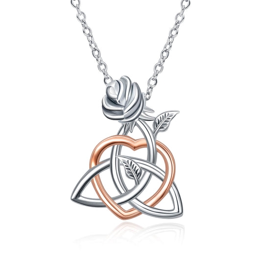 925 Sterling Silver Celtic Knot Triangle Trinity Knot Love Heart Rose Pendant Necklace - onlyone