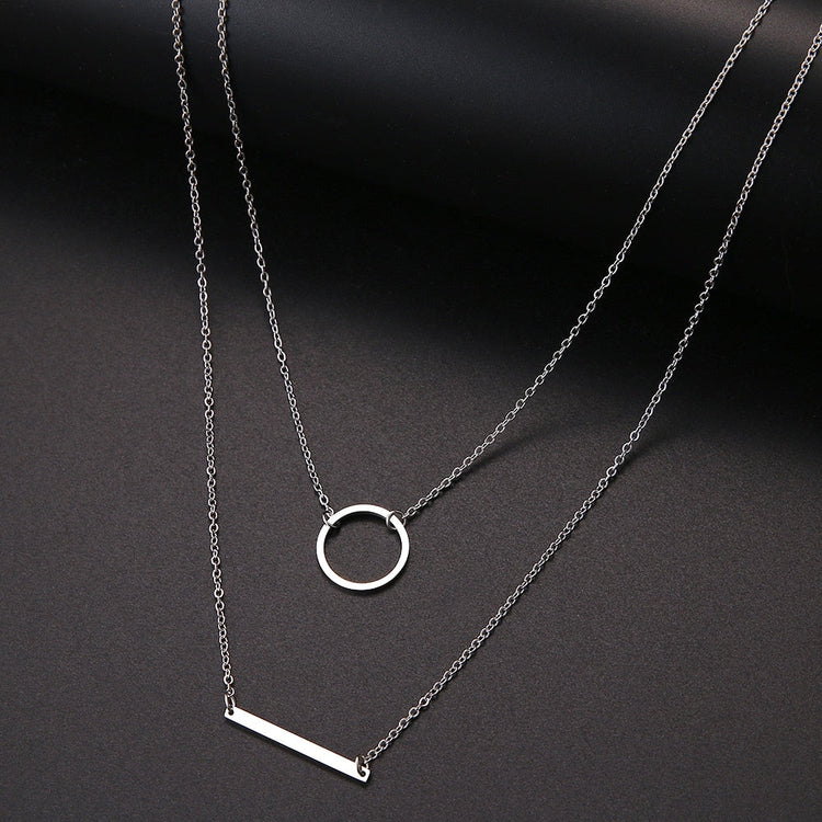 925 Sterling Silver Circle 3D Bar Double Layer Necklace, Delicate Layered Necklace For Woman