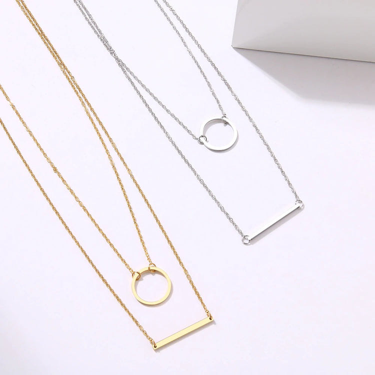 925 Sterling Silver Circle 3D Bar Double Layer Necklace, Delicate Layered Necklace For Woman