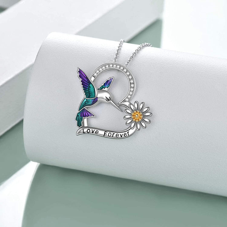925 Sterling Silver Hummingbird And Flower Necklace