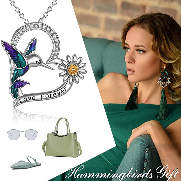 925 Sterling Silver Hummingbird And Flower Necklace