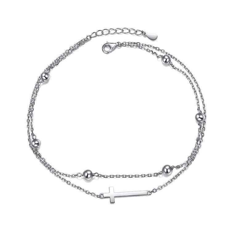 925 Sterling Silver Adjustable Foot Beaded Cross Charm Ankle - onlyone