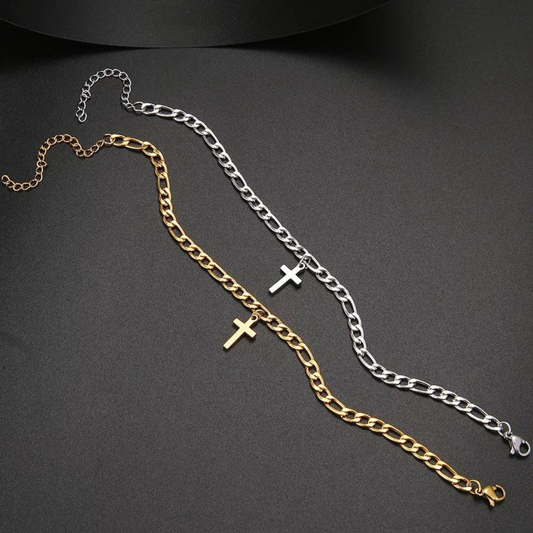 925 Sterling Silver Cross Anklet In Figaro Chain