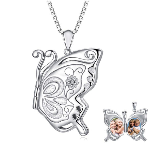 925 Sterling Silver Butterfly Round Photo Locket Necklace