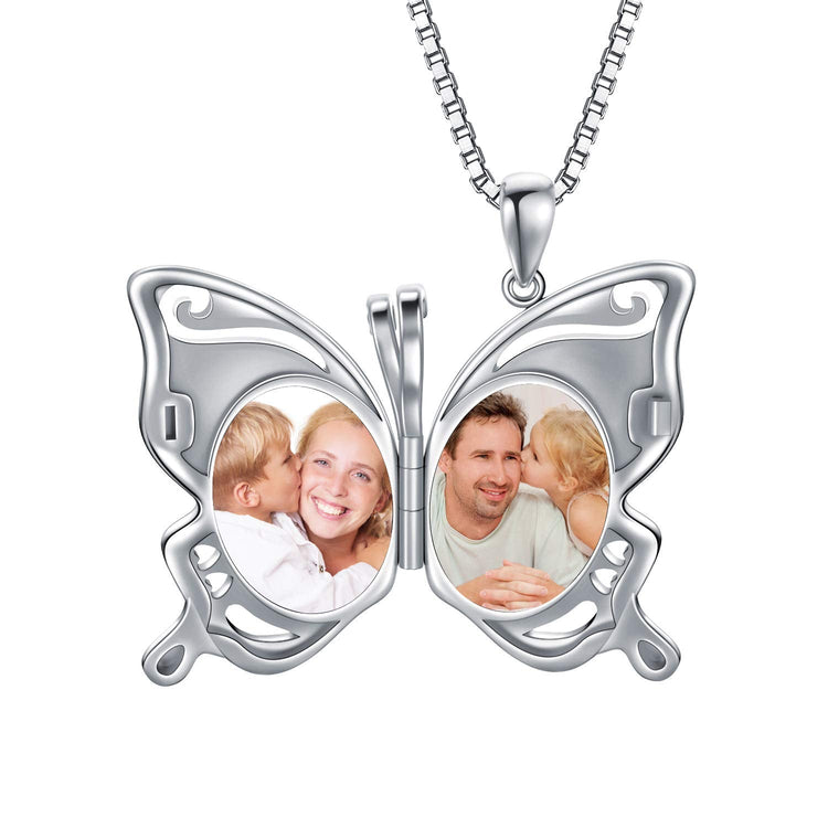 925 Sterling Silver Butterfly Round Photo Locket Necklace