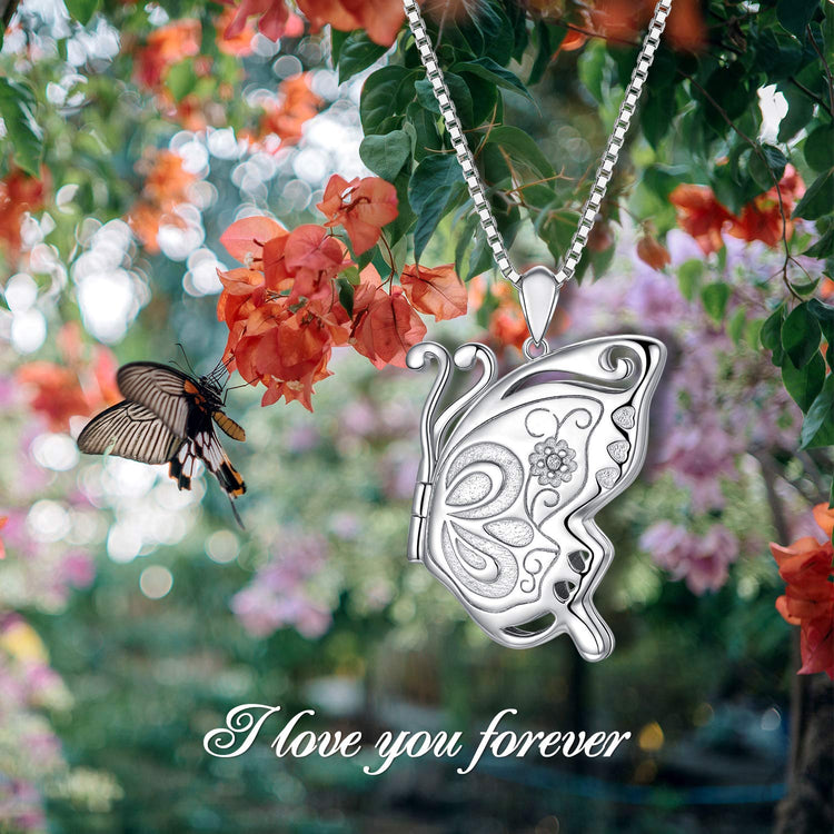 925 Sterling Silver Butterfly Round Photo Locket Necklace