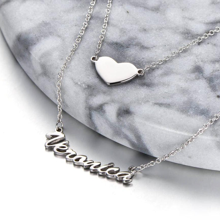 925 Sterling Silver Two Layers Heart Name Necklace Nameplate Necklace - onlyone