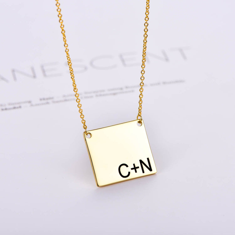 925 Sterling Silver Initial Bar Engraved Square Pendant Necklace - onlyone