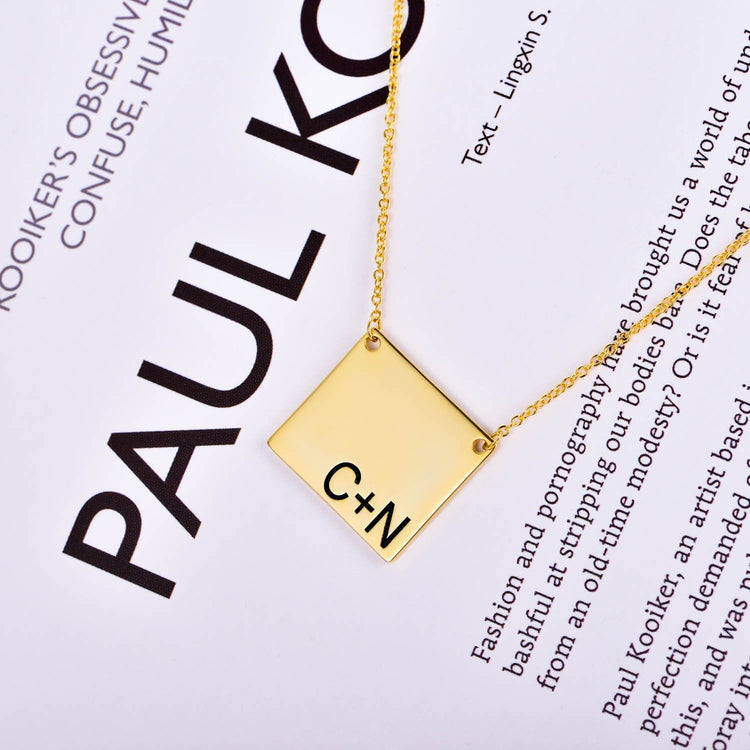 925 Sterling Silver Initial Bar Engraved Square Pendant Necklace - onlyone