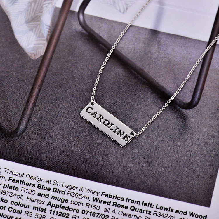925 Sterling Silver Engraved Short Bar Name Necklace Cut Out Nameplate Necklace - onlyone