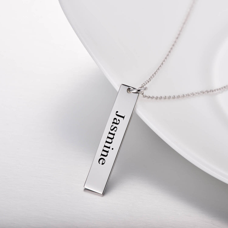 925 Sterling Silver Engraved Vertical Bar Name Necklace Nameplate Necklace - onlyone