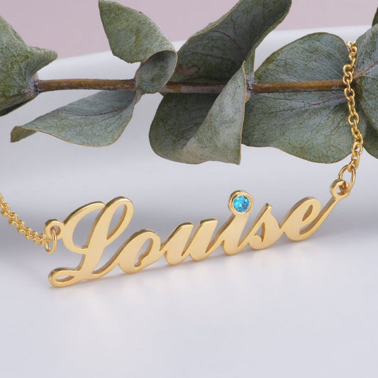 925 Sterling Silver Birthstone Signature Name Necklace "Louise style" Nameplate Necklace - onlyone
