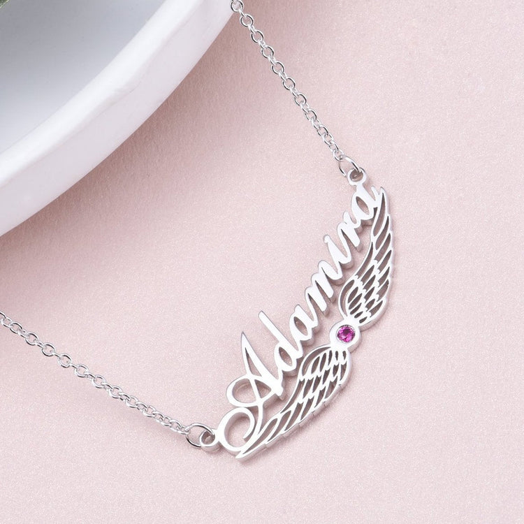 925 Sterling Silver Angel Wings Name Necklace Nameplate Necklace With Birthstone - onlyone