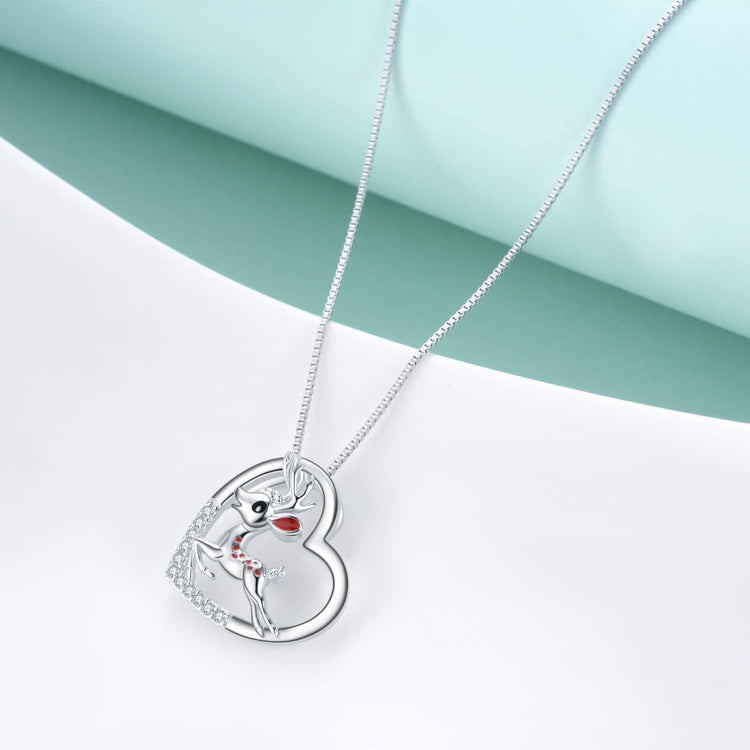 925 Sterling Silver Reindeer Heart Pendant Necklace