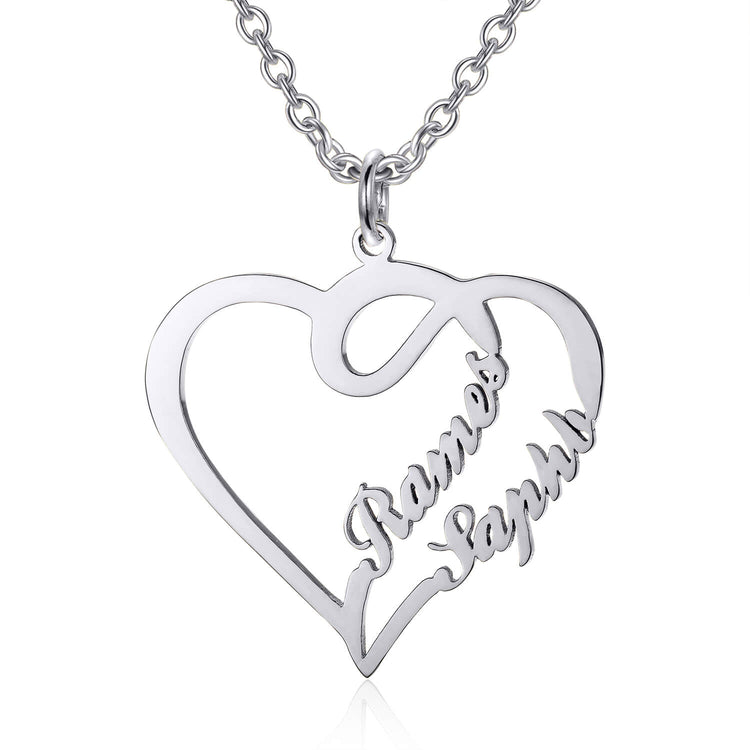 925 Sterling Silver Double Names Heart Name Necklace Nameplate Necklace - onlyone