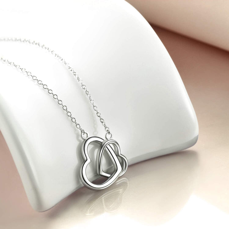 925 Sterling Silver Interlocked Double Hearts Love Entwined Necklace