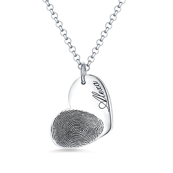 925 Sterling Silver Personalized Engraved Fingerprint Thumbprint Heart Name Necklace Nameplate Necklace - onlyone