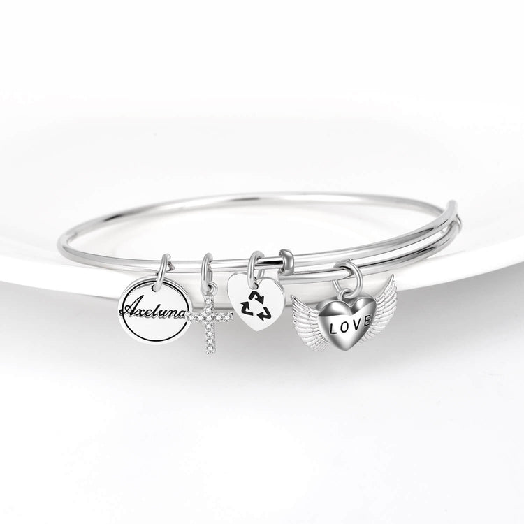 Personalized 925 Sterling Silver Cross And Heart Expandable Bangles Inspirational Gift - onlyone