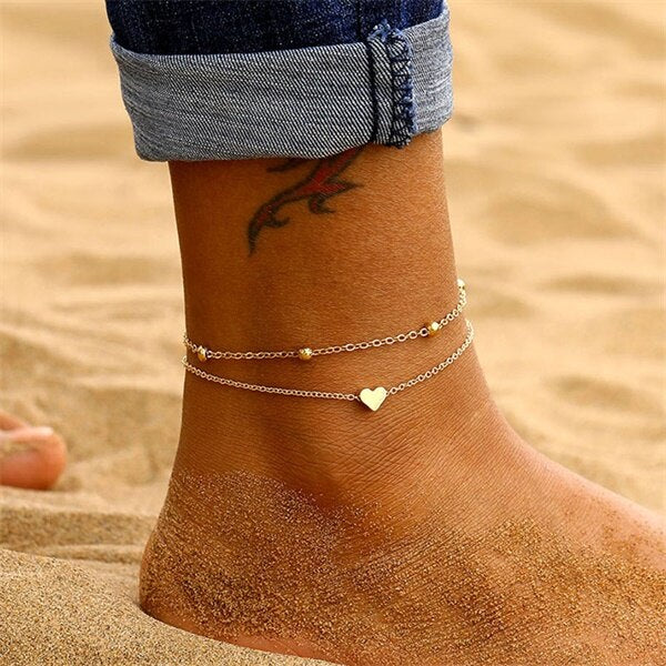 925 Sterling Silver Double Layer Heart Anklet Set - onlyone