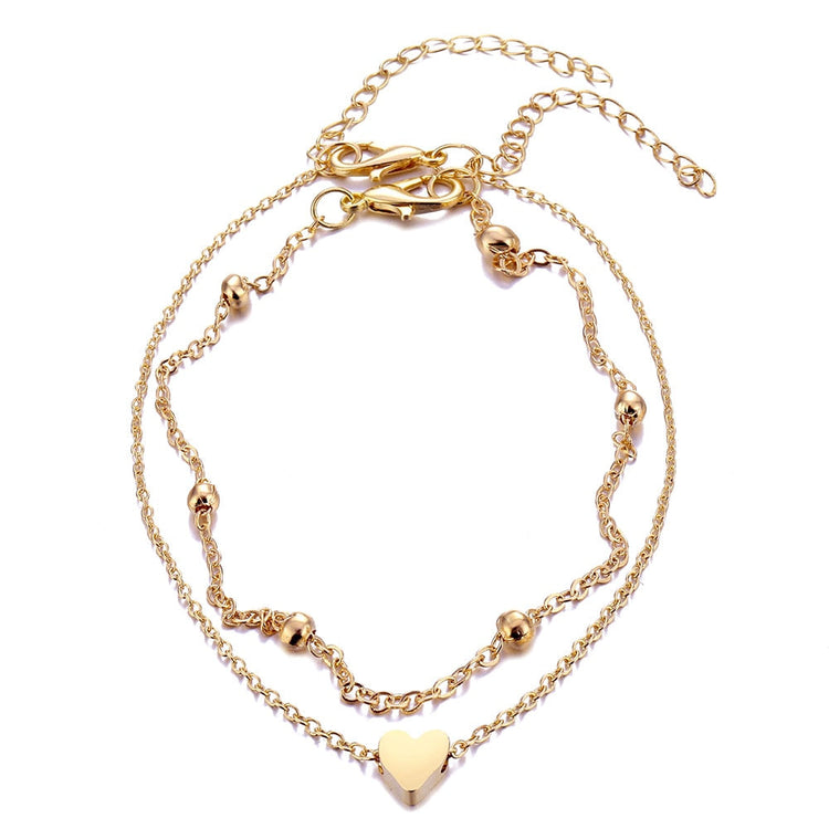 925 Sterling Silver Double Layer Heart Anklet Set - onlyone