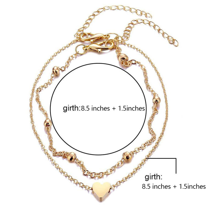 925 Sterling Silver Double Layer Heart Anklet Bracelet Set