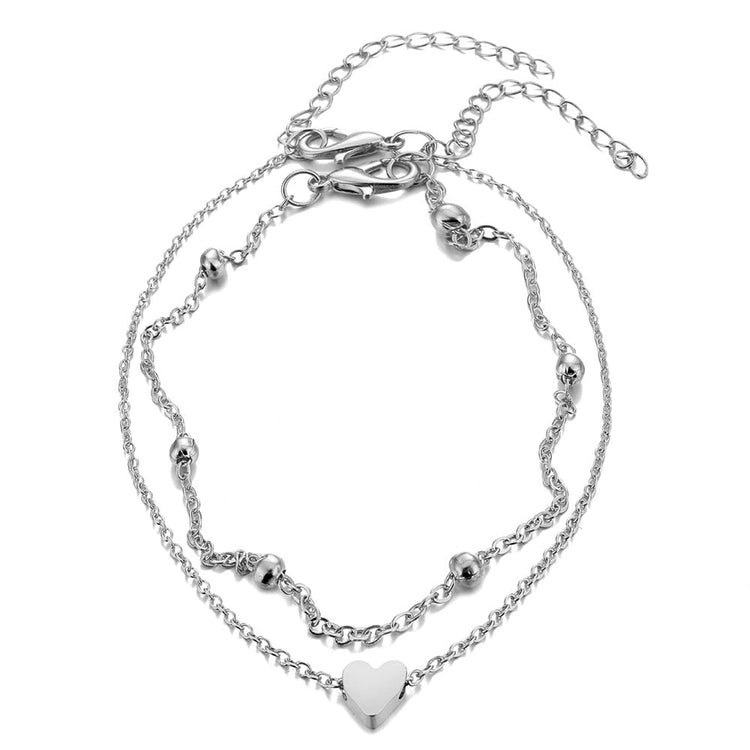 925 Sterling Silver Double Layer Heart Anklet Set - onlyone